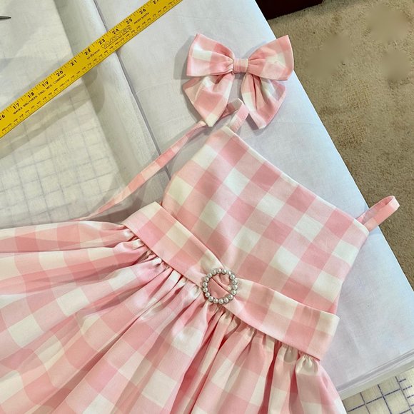 girls pink gingham dress with matching bow - Picture 3 of 5
